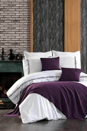 9 Piece Embroidered and Knitwear Runner Covered Ilgaz Double Cotton Purple Duvet Cover Set STCKHMNEV1ILG - Minelya Home Collection