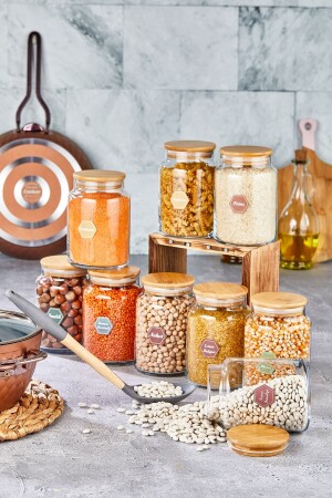 9-Piece Glass Food Storage Container with Wooden Lid and Label Pulses Jar 850 ml FBZ-9-900ML - FBZhome