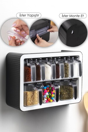 9-Piece Spice Set with Stand, Self-Adhesive Spice Set with Spoon and Lid, White Spice Set - Porsima