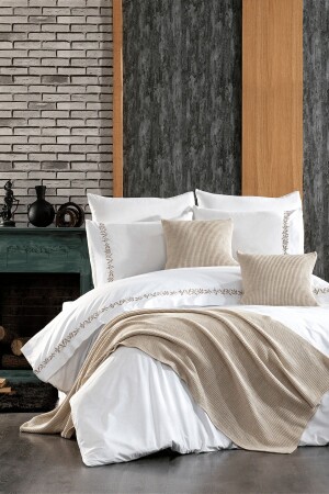 9-teiliges Bettwäscheset mit besticktem und gestricktem Läuferbezug von Ilgaz für Doppelbetten aus Baumwolle in Beige STCKHMNEV1ILG - Minelya Home Collection