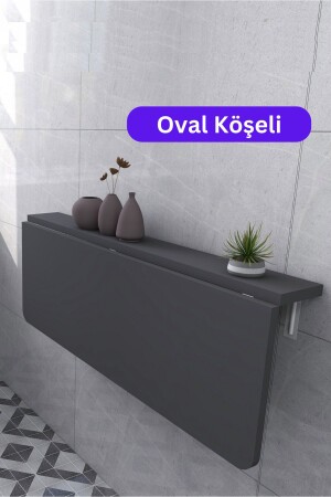 90x60 cm Oval Cornered Anthracite Color Wall Mounted Folding Dining Table with Fixed Shelves - Kydonia Home