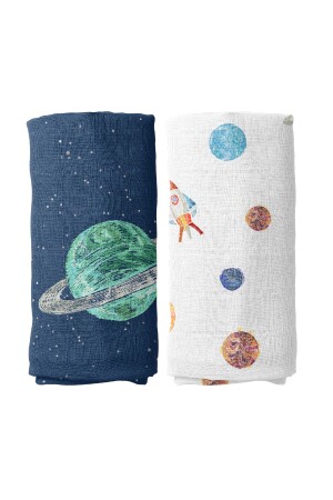 مجموعة غطاء كوكب الفضاء من القطن (90X90 CM PACK OF 2) BABYMUSLIN1010 - Casadora Baby