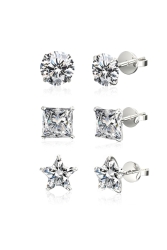 ,925 Ayar Gümüş, 3'lü Set 4mm Tektaş Yuvarlak, Prenses, Yıldız Kesim,pimli Küpe FNTH0002EAR149 - Jewelry For Light