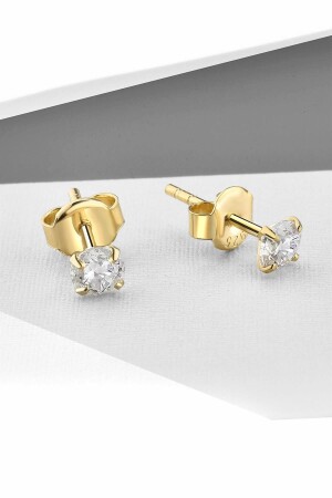 925 Ayar Gümüş 4mm Tek Zirkon Taşlı Gold Çivili Küpe - Jelux Silver