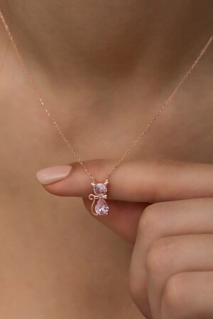 925 Ayar Gümüş Pembe Taşlı Kedi Kolye NRZ998423 - NEREZE