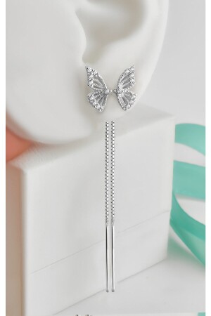 925 Ayar Gümüş Rodyumlu Kelebek Model Zirlon Taşlı Zincirli Küpe - Jelux Silver