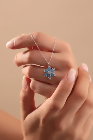 925 Ayar Gümüş Zincirli Akuamarin Taşlı Lotus Kamelya Yaşam Çiçeği Kolye aslan00005 - Bilsen Store