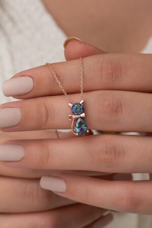 MNZ-925 سدرلينغ Mystic Topaz Stone Cat Necklace نساء رقيقة فضية MKN173 - NEREZE
