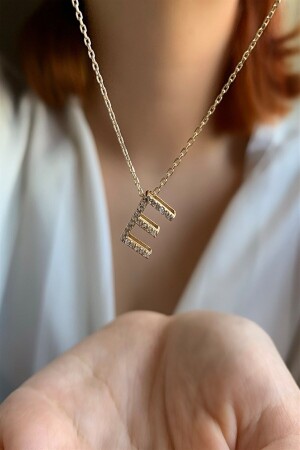 925 Carat Three Dimensional Gold Zircon Stone E Letter Necklace Length 45 Cm HKLY105 - Ziu