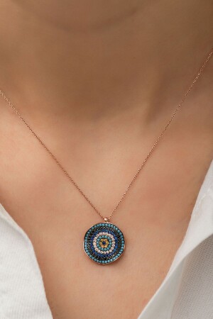 925 Rose Gold Plated Wavy Silver Evil Eye Necklace UVPS100693 - Papatya Silver