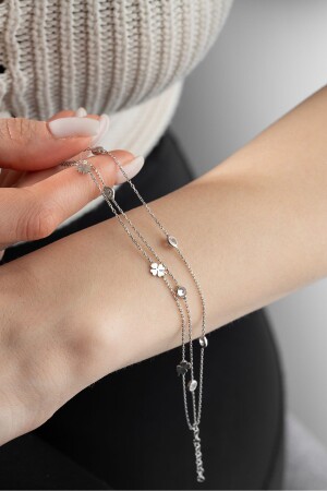 925 Sterling Silver 3 Row Chain Zircon Stone Clover Bracelet - Nereze