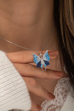 925 Sterling Silver Blue Enameled Butterfly Necklace Women's Silver Necklace MKN142 - NEREZE