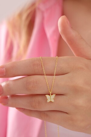 925 Sterling Silver Chain Gold Plated White Zircon Stone Butterfly Model Necklace butterfly000555 - Bilsen Store