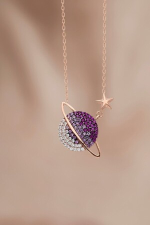 925 Sterling Silver Chain Rose Plated Red Color Gradient Planet Silver Necklace KKK-MMM-666 - Bilsen Store