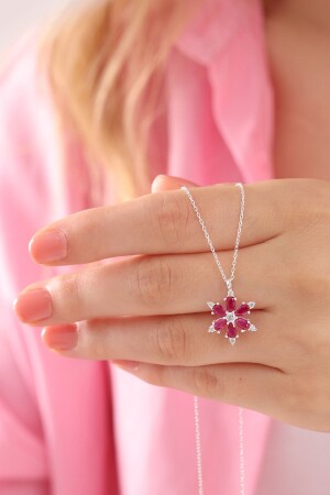 925 Sterling Silver Chain with Red Drop Stone Lotus Camellia Flower Necklace LOTUS-0001 - Bilsen Store