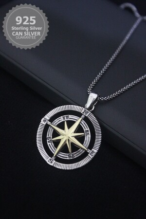 925 Sterling Silver Compass Men's Necklace 60 Cm b21 - CAN SİLVER