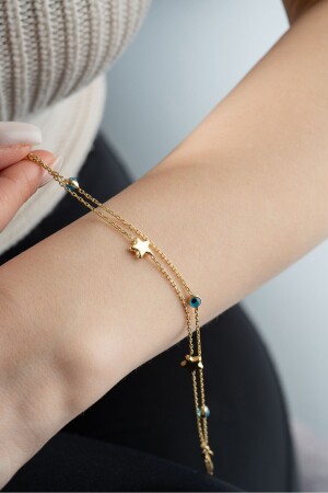 925 Sterling Silver Double Chain Gold Plated Star Evil Eye Bracelet - Nereze