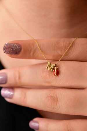 925 Sterling Silver Gold Plated 3d M Letter and Ladybug Necklace TYC00217611829 - Papatya Silver