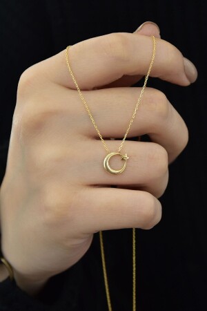 925 Sterling Silver Gold Plated Crescent Star Necklace UVPS101195 - Papatya Silver