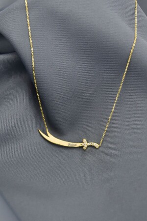 925 Sterling Silver Gold Plated Fatma Written Stone Zulfikar Sword Necklace UVPTS100061 - Papatya Silver