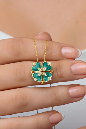 925 Sterling Silver Magnet Detachable Gold Green Enamel 4 Heart Clover Necklace NRZ998876 - NEREZE