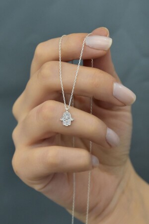 925 Sterling Silver Mother of Fatima Hand Necklace with Rhodium Plated Zircon Stone UVPS101257 - Papatya Silver