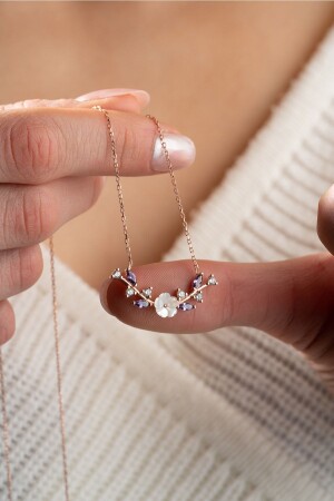 925 Sterling Silver Purple Stone Magnolia Flower Olive Branch Model Necklace NRZ998922 - NEREZE