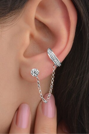 925 Sterling Silver Rhodium and Zircon Stone Cartilage Earrings - Jelux Silver