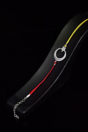 925 Sterling Silver Rhodium Plated Yellow Red -Fan Single Row Crescent and Star Men's Bracelet - Papatya Silver