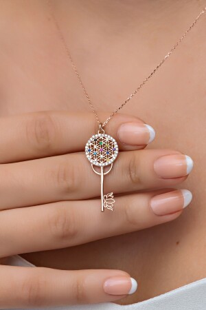 925 Sterling Silver Rose Mix Stone Key Necklace NRZ998861 - NEREZE