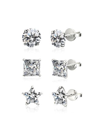 ,925 Sterling Silver, Set of 3 4mm Solitaire Round, Princess, Star Cut, Pin Earrings FNTH0002EAR149 - Jewelry For Light