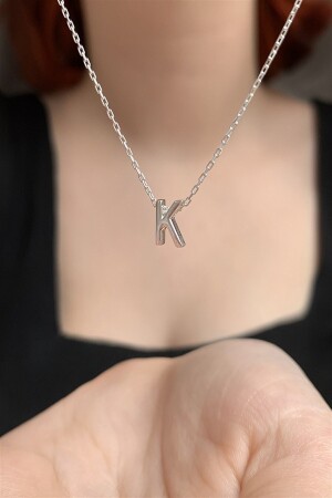 925 Sterling Silver Three Dimensional Silver Plated Letter K Necklace Length 42 Cm EMNE112 - Ziu