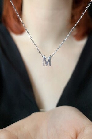 925 Sterling Silver Three Dimensional Silver Plated M Letter Necklace Length 42 Cm EMNE114 - Ziu