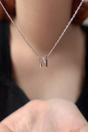 925 Sterling Silver Three Dimensional Silver Plated N Letter Necklace Length 42 Cm EMNE115 - Ziu