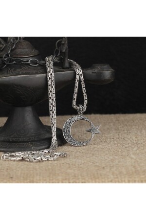 925 Sterling Silver Word of Tawhid Moon Star King Chain Men's Necklace TK-MS-00028 - Takılingo