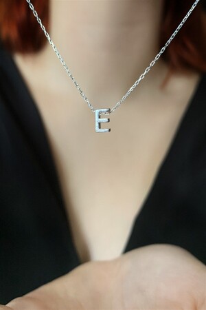 925 Sterling Three Dimensional Silver Plated Letter E Necklace Length 42 Cm EMNE105 - Ziu