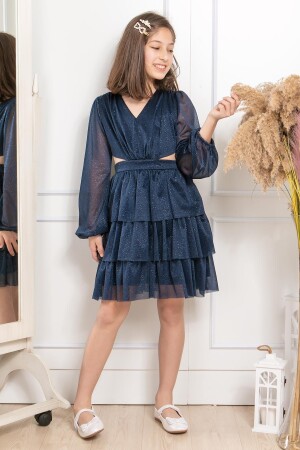 Abendkleid für Kinder aus glitzerndem Tüll mit Rüschen, Marineblau, MDV308, MDV308 - SUBU TASARIM