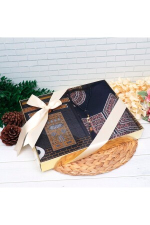 Acetate Box + Medium Size Quran + Prayer Rug + Pearl Prayer Beads - Kaaba - H Hediye Hemen