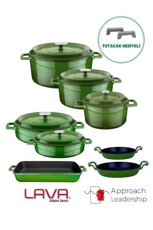 Achtteiliges Topf- und Pfannenset aus Gusseisen, trendiges Grün, 898941489884 - Lava