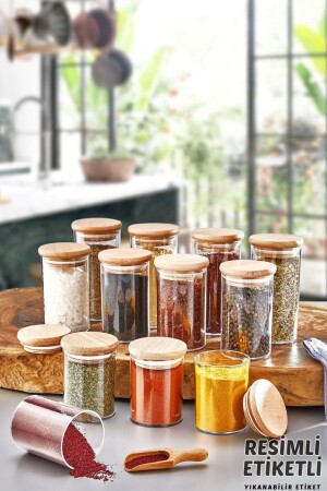 Acrylic Vacuumed Wooden Round Spice Jar Set of 12 with Illustrated Label 300 ml - Spice Set Spice Bowl2 - Comprox