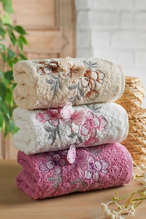 Adelina Butterfly Fluffy Embroidered Dowry Set Cotton 3 Pieces 30 x 50 Hand Face Kitchen Towel Dowry Set - Evanora