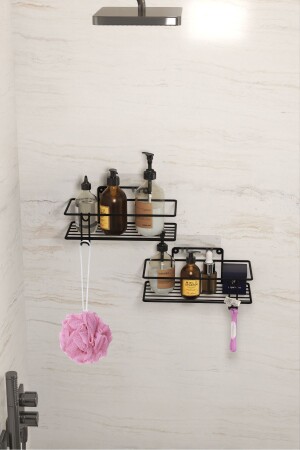 Adhesive 2-Piece Bathroom Shelf Wall Mounted Kitchen Shelf Shower Shampoo Organizer with Stainless Hooks - Moniev