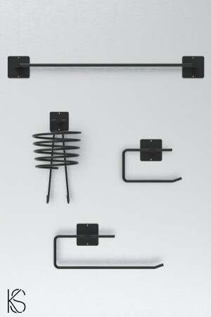 Adhesive 4-Piece Black Blow Dryer Hanger Towel Rack WC Toilet Paper Holder Roll Towel Holder Bathroom Set - Kilinç Store