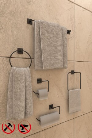 Adhesive Bathroom Accessory Set Towel Holder T. Paper Holder and Napkin Holder Square Black Set of 5 - Alper Banyo