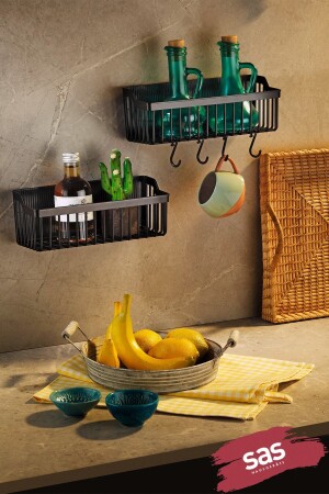 Adhesive Countertop Spice Rack Inside Cabinet Organizer - 2 Piece Kitchen Organizer Plastic Tşp-01 Black - Sas Haus