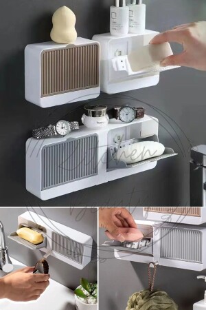 Adhesive Double Compartment Soap Dish with Lid Self-Draining Water-Repellent Solid Soap Dispenser Soap Box - Kitchen Beauty