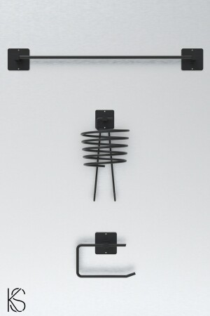 Adhesive Set of 3 Black Blow Dryer Hanger Long Towel Rack WC Toilet Roll Holder bathroom set - Kilinç Store