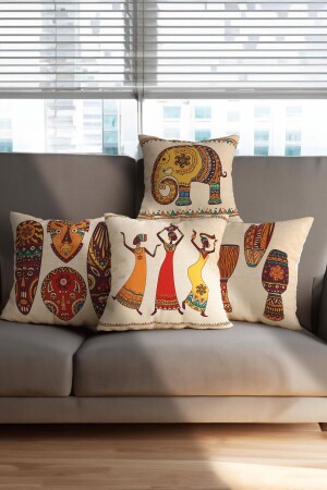 African Themed Red Yellow Colored Gift Set of 4 Digital Printed Sofa Cushion Covers - Hayal Dekoratif