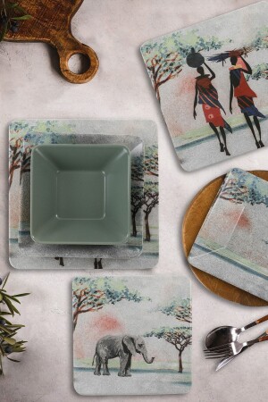 African Women Green Square Dinner Set 24 Pieces for 6 People ymk48 - Keramika
