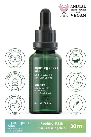 Aha Bha Skin Serum with Peeling Effect 30ml Vegan Dead Cell Cleanser (10% AHA - 2% SALICYLIC ACID) CGL105 - Cosmogenesis Labs